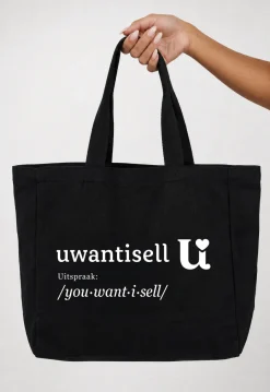 Uwantisell™ Zwarte Canvas Shopper met Dubbele Schouderhengsels en Opdruk