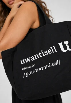 Uwantisell™ Zwarte Canvas Shopper met Dubbele Schouderhengsels en Opdruk