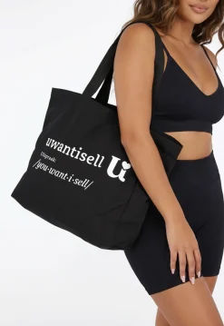 Uwantisell™ Zwarte Canvas Shopper met Dubbele Schouderhengsels en Opdruk