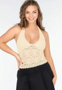 Vanillekleurige Kanten Halter Crop Top met Diepe V-Hals