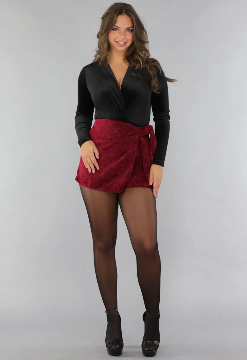 Velours Bodysuit in Zwarte met Wikkel Look