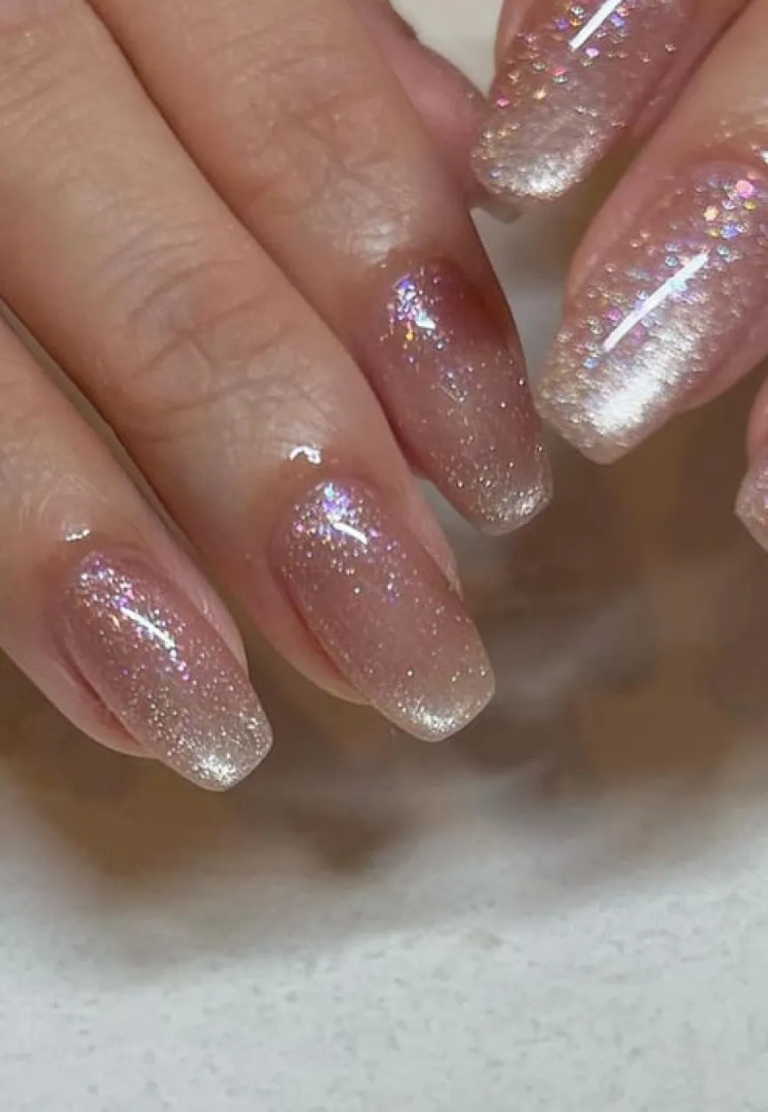 Vierkante Lichtroze Ombre Glanzende Kunstnagels met Glitters Holografisch