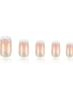 Vierkante Witte Ombre French Kunstnagels met Zilveren Glitters Swirl