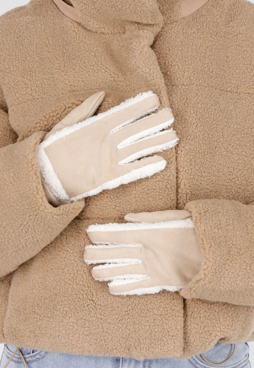 Warme Suède Handschoenen met Zachte Teddy Voering en Contrasterende Afwerking