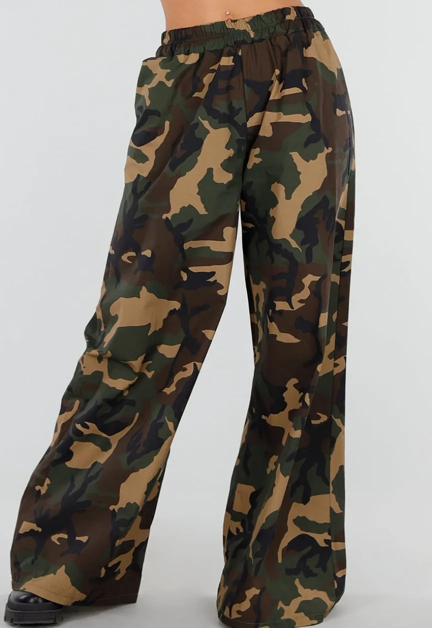 Wide Leg Broek met Camouflageprint en Elastische Taille