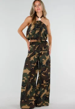 Wide Leg Broek met Camouflageprint en Elastische Taille
