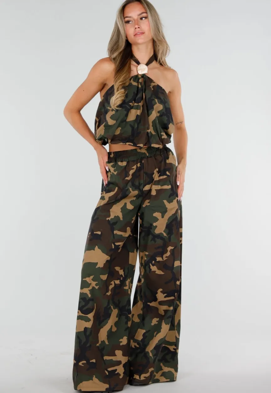 Wide Leg Broek met Camouflageprint en Elastische Taille