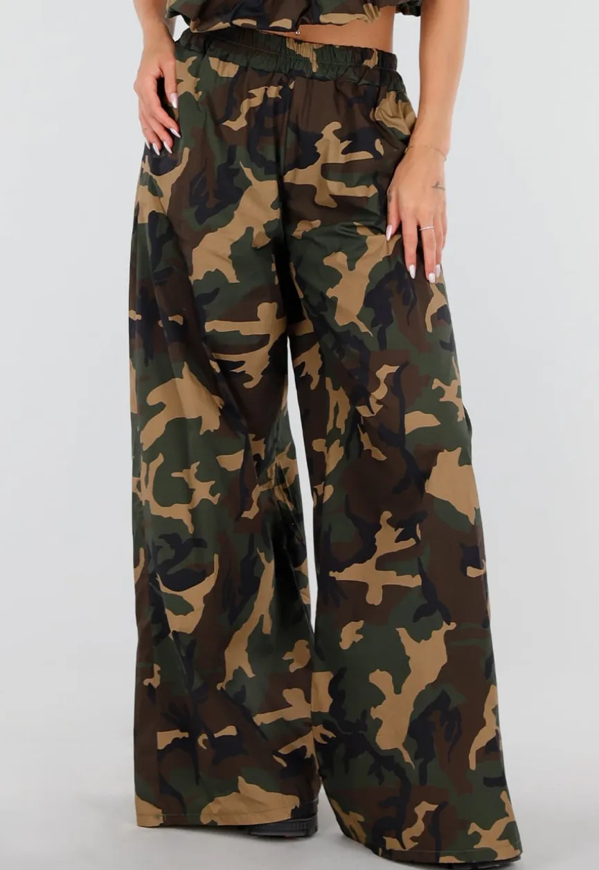 Wide Leg Broek met Camouflageprint en Elastische Taille