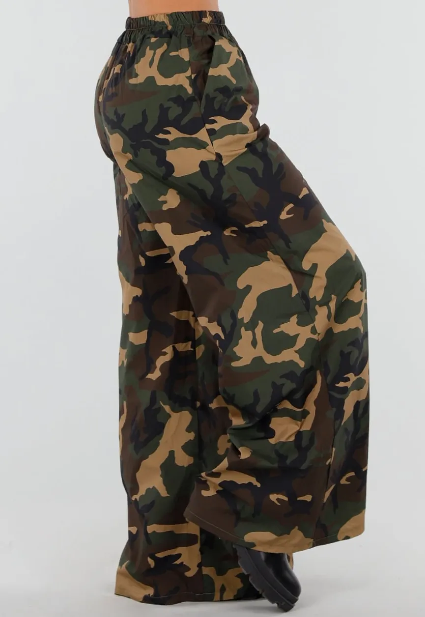 Wide Leg Broek met Camouflageprint en Elastische Taille