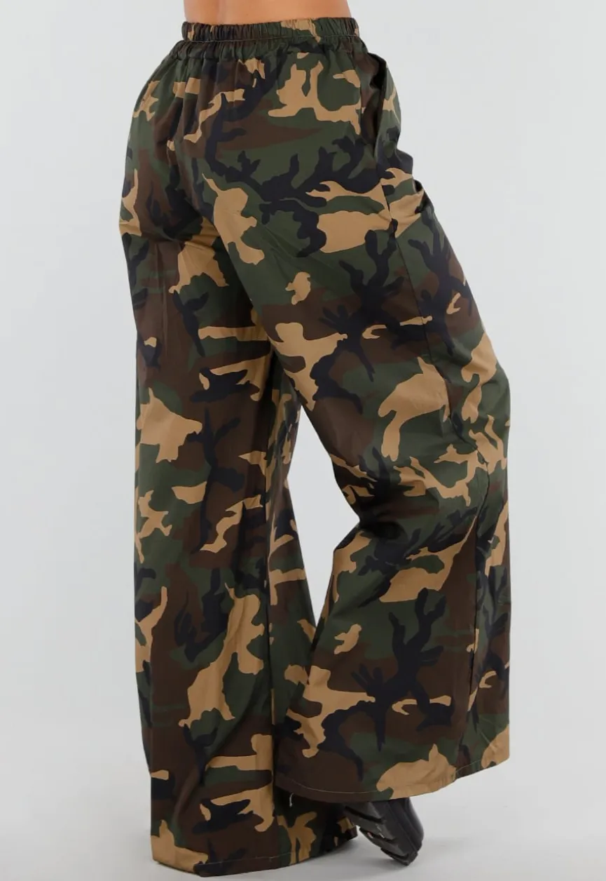 Wide Leg Broek met Camouflageprint en Elastische Taille