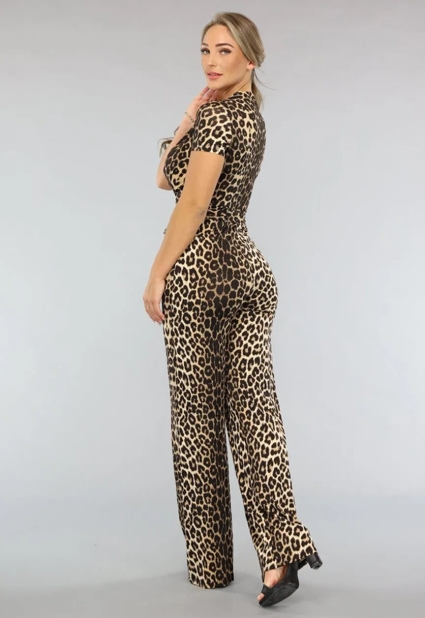 Wide Leg Korte Mouwen Jumpsuit met Panterprint