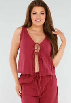 Wijnrode Linnenlook 2-Piece met Strikdetail en Wijde Pijpen