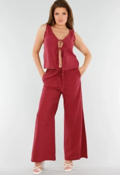 Wijnrode Linnenlook 2-Piece met Strikdetail en Wijde Pijpen