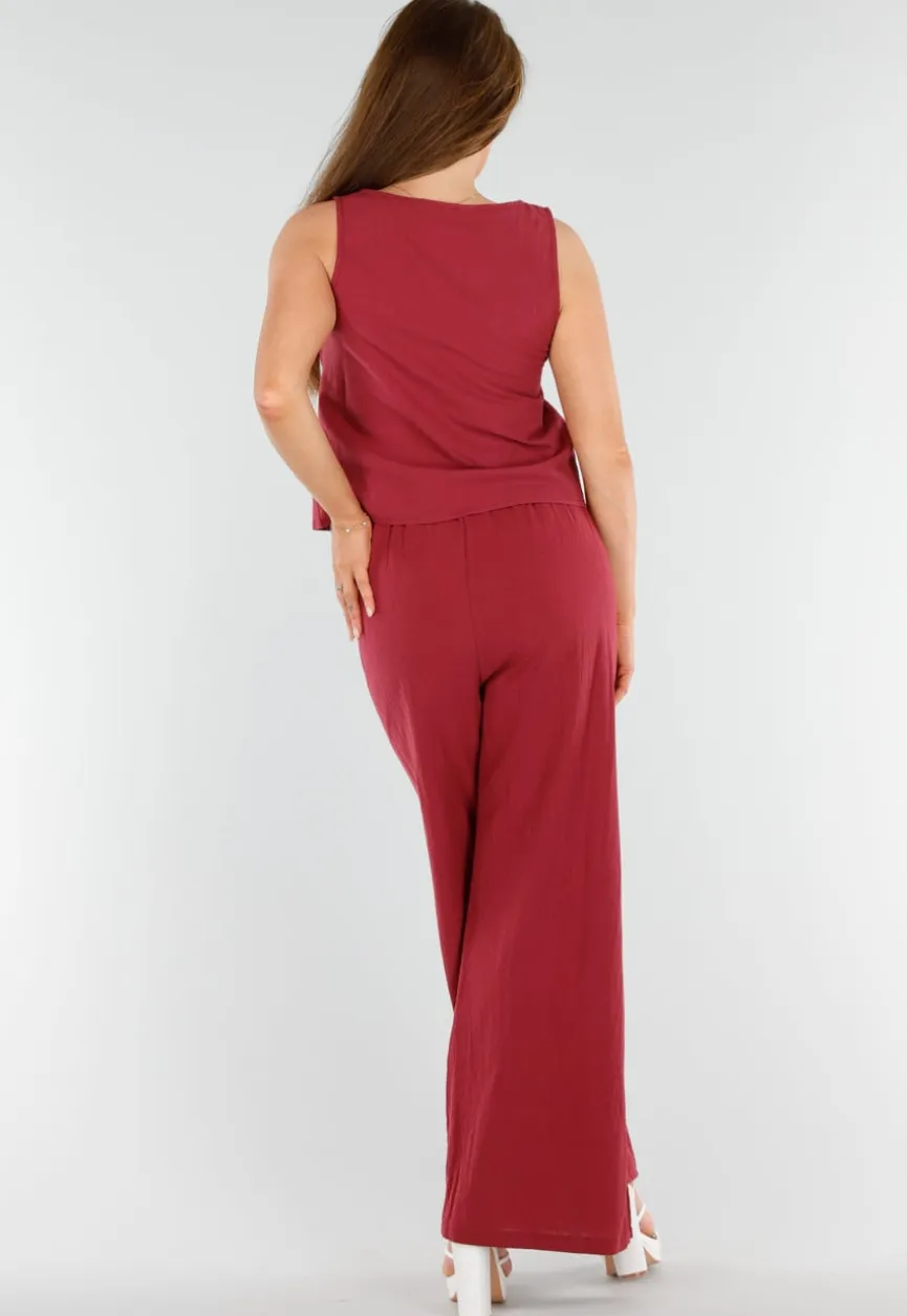 Wijnrode Linnenlook 2-Piece met Strikdetail en Wijde Pijpen