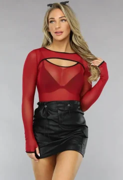 Wijnrode Mesh Rave Bodysuit met Bolero