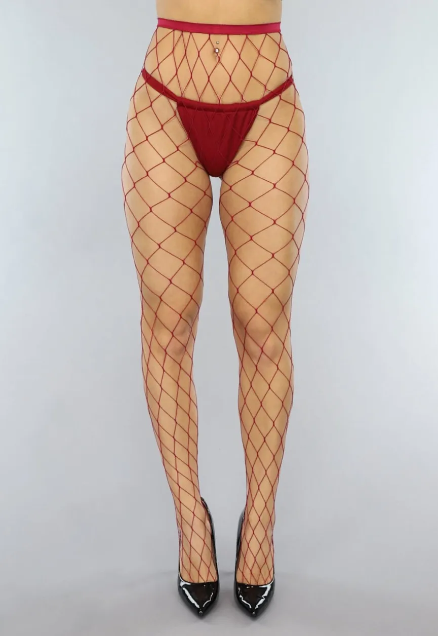 Wijnrode Visnet Panty met Extra Groot Patroon