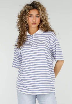 Wit Blauwe Gestreepte Polo Top met Kraag en Korte Mouwen