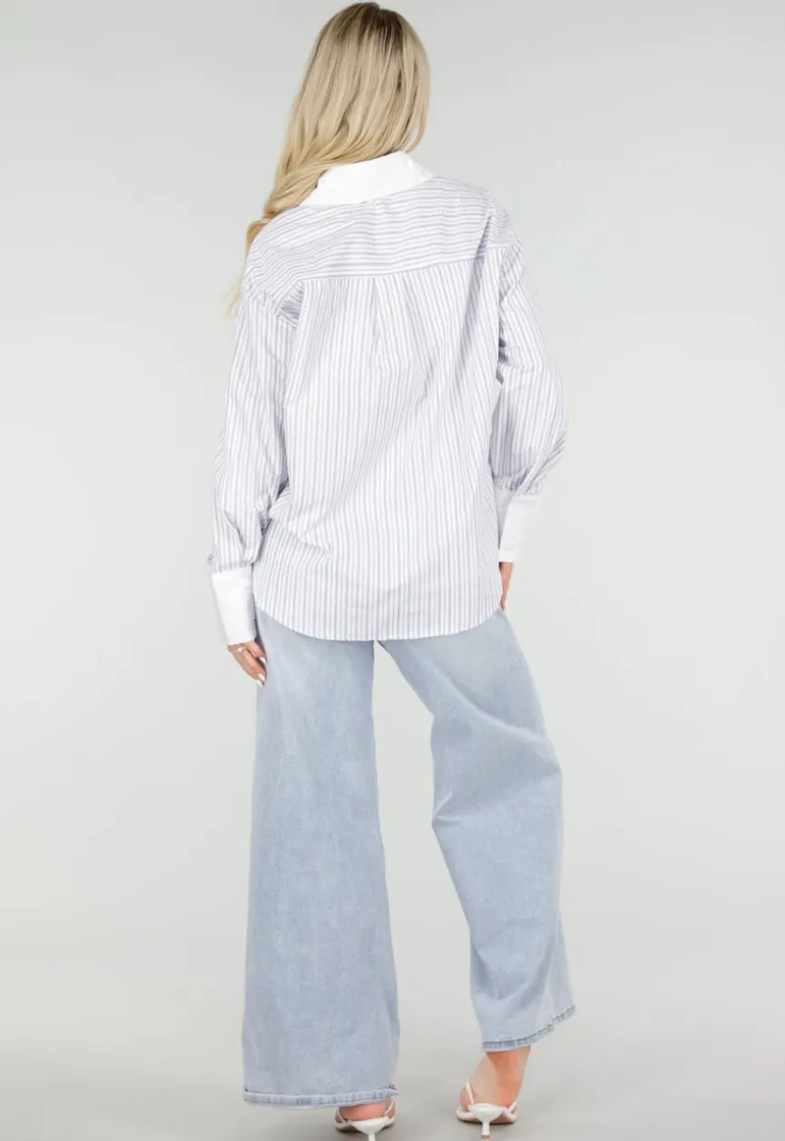 Wit Gestreepte Blouse met Strass Steentjes en Lange Mouwen