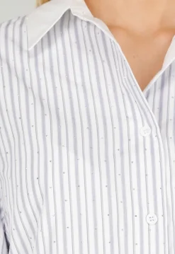 Wit Gestreepte Blouse met Strass Steentjes en Lange Mouwen