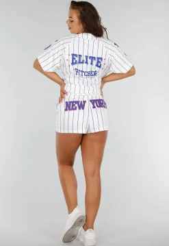Wit Gestreept Stretchset met Sportprint en Knoopsluiting