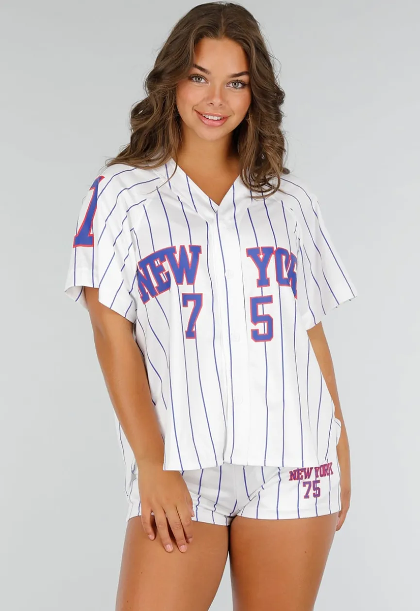Wit Gestreept Stretchset met Sportprint en Knoopsluiting