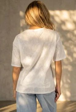 Wit Kanten T-shirt met Korte Mouwen en Ronde Hals