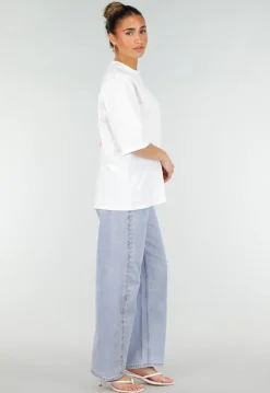Wit Katoenen Oversized T-shirt met Roze Tekstprint op de Rug