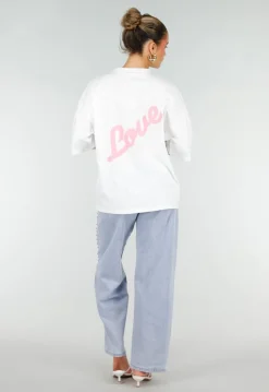 Wit Katoenen Oversized T-shirt met Roze Tekstprint op de Rug