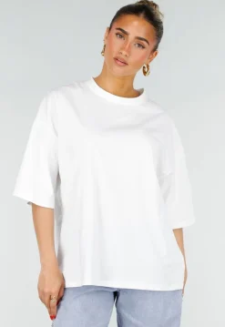 Wit Katoenen Oversized T-shirt met Roze Tekstprint op de Rug