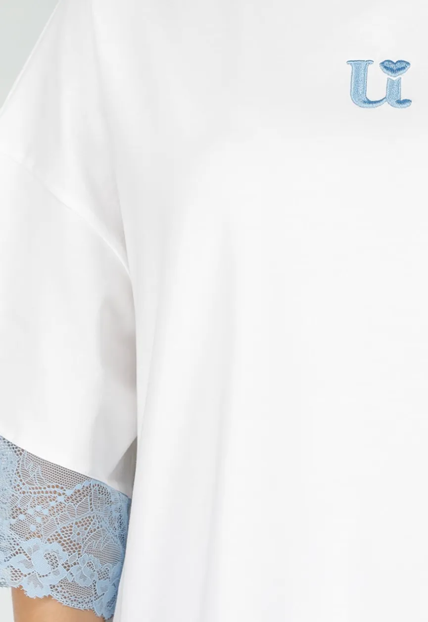 Wit Oversized T-Shirt met Blauw Kant