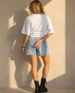 Wit Oversized T-Shirt met Halflange Mouwen en Geplooid Detail
