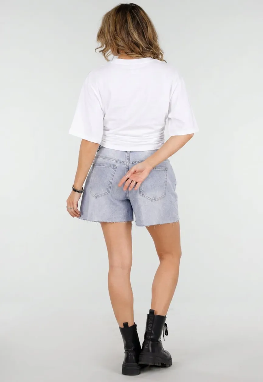 Wit Oversized T-Shirt met Halflange Mouwen en Geplooid Detail