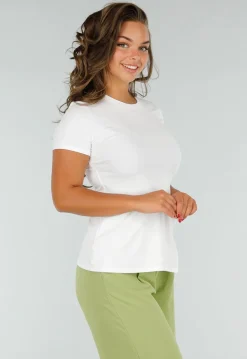 Wit Stretch T-Shirt met Zijsplit, Ronde Hals en Korte Mouwen