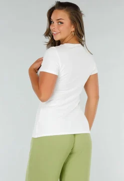 Wit Stretch T-Shirt met Zijsplit, Ronde Hals en Korte Mouwen