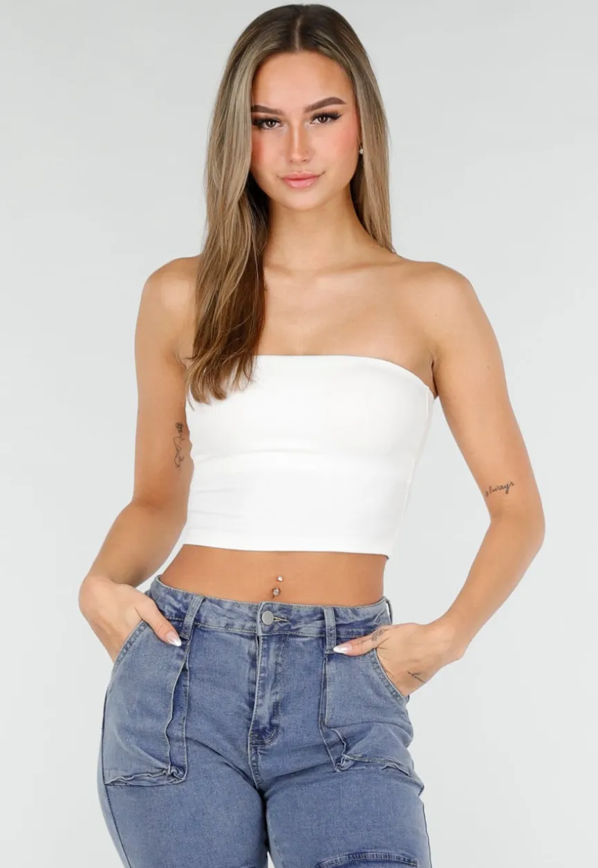 Witte Bandeau Crop Top met Pads