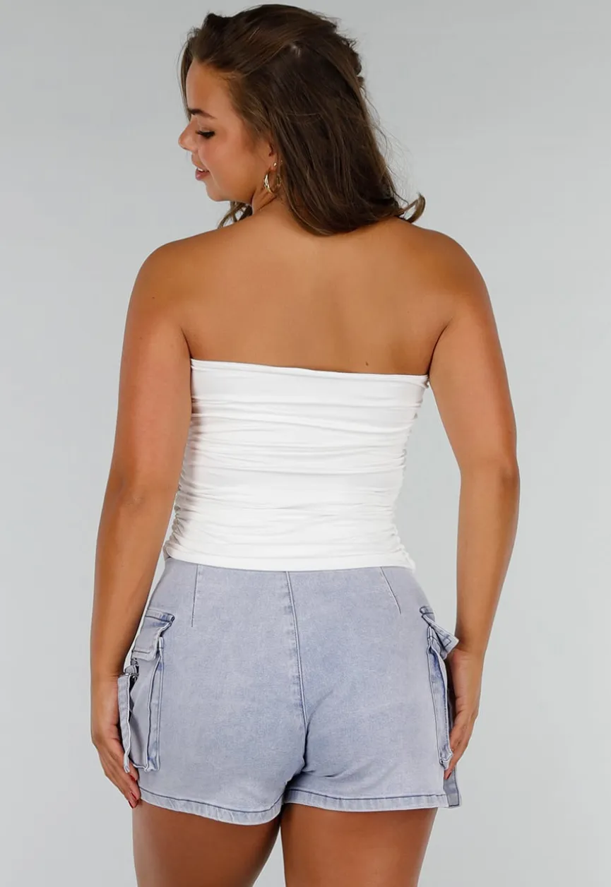 Witte Bandeau Top met Stretch en Geplooide Zijkanten