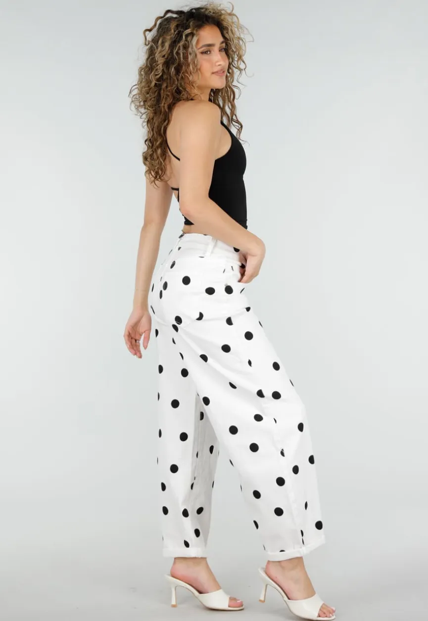 Witte Barrel Jeans met Zwarte Stippen en Hoge Taille