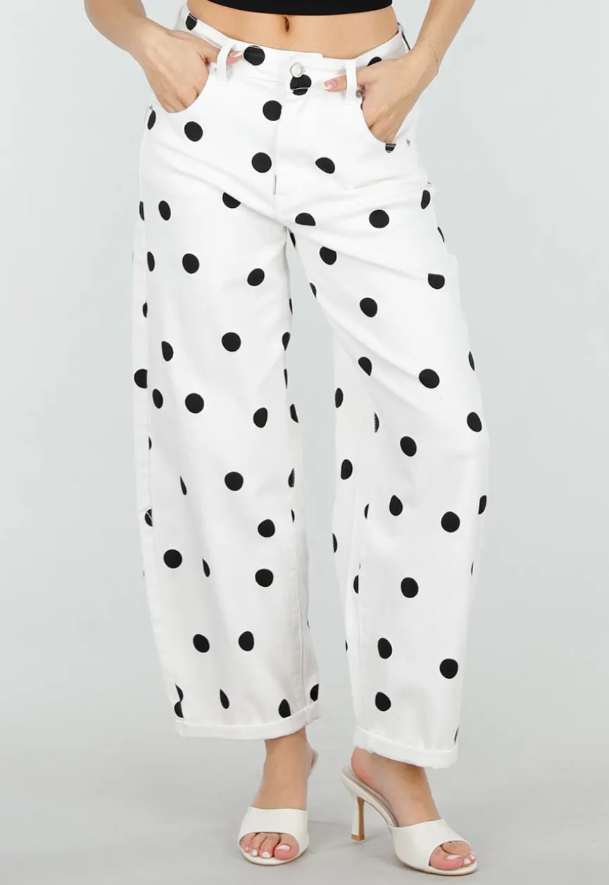 Witte Barrel Jeans met Zwarte Stippen en Hoge Taille