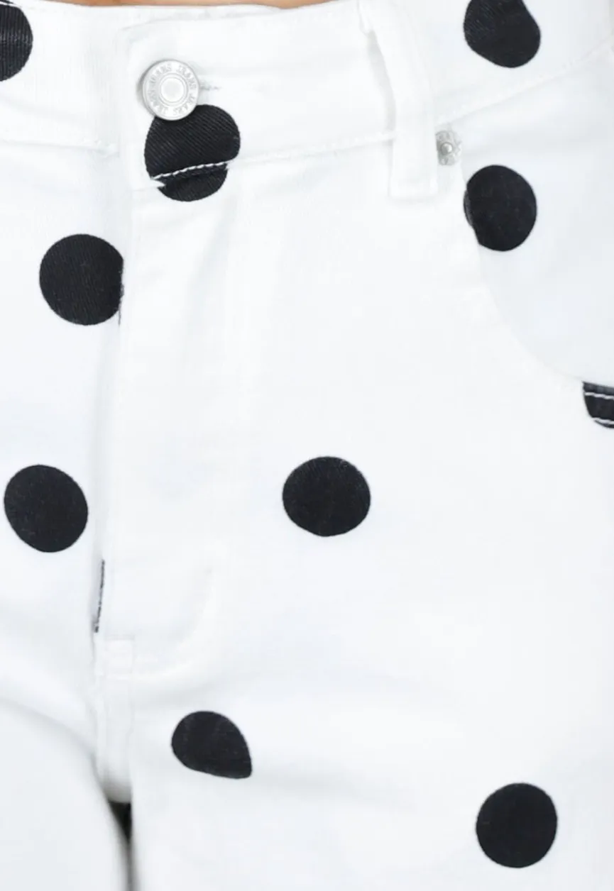 Witte Barrel Jeans met Zwarte Stippen en Hoge Taille