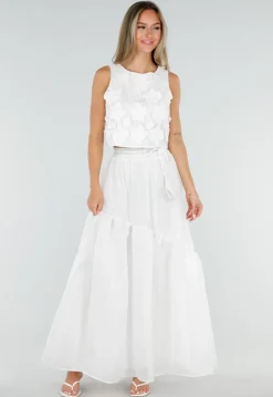 Witte Bloemen Crop Top met Mouwloos Model