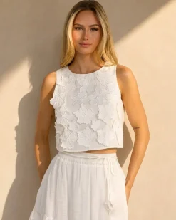Witte Bloemen Crop Top met Mouwloos Model