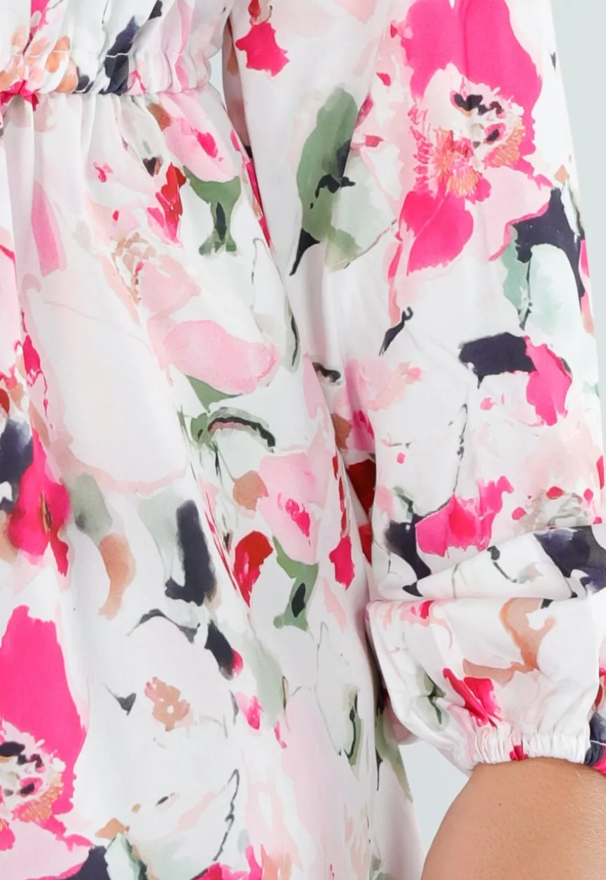 Witte Bloemen Playsuit met Lange Pofmouwen