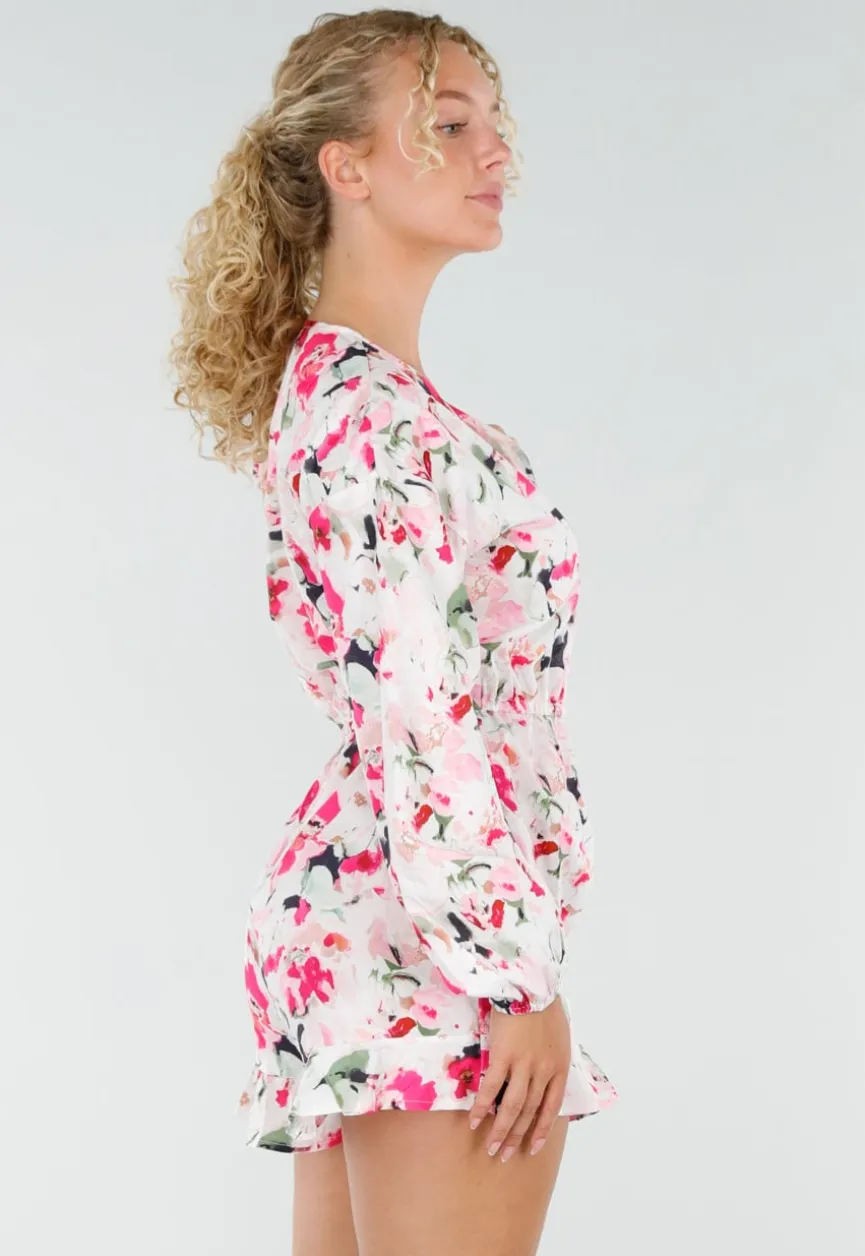 Witte Bloemen Playsuit met Lange Pofmouwen
