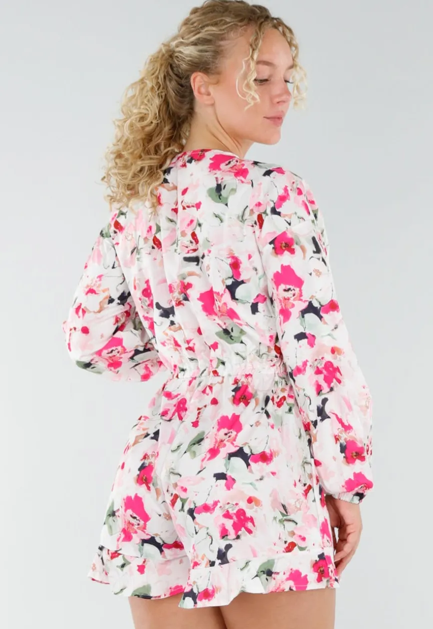 Witte Bloemen Playsuit met Lange Pofmouwen
