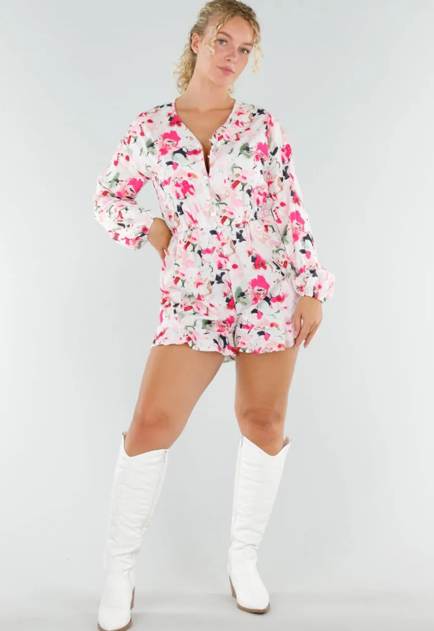 Witte Bloemen Playsuit met Lange Pofmouwen