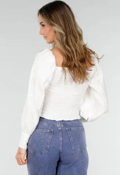 Witte Blouse met Lange Pofmouwen en Knopen
