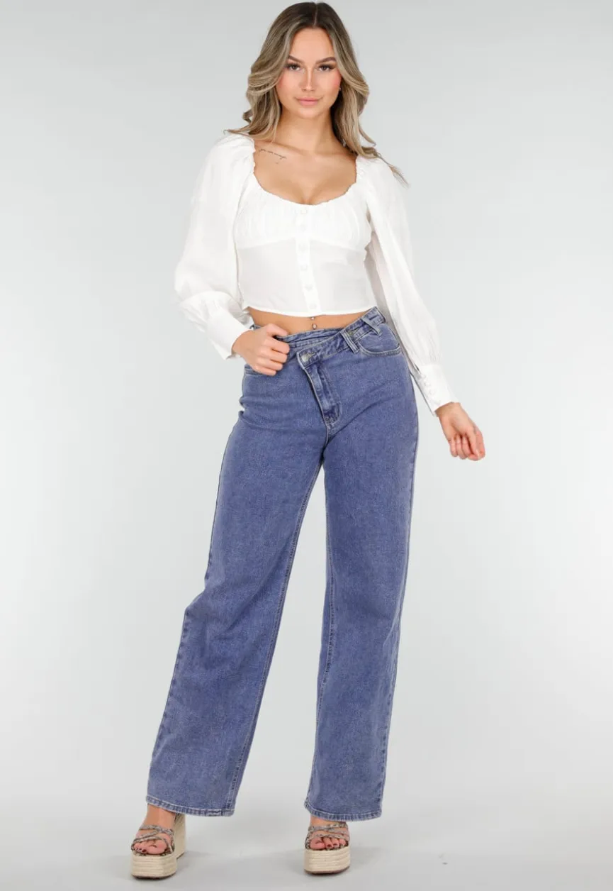 Witte Blouse met Lange Pofmouwen en Knopen