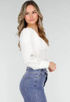 Witte Blouse met Lange Pofmouwen en Knopen