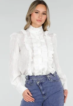Witte Blouse met Ruches en Lange Mouwen