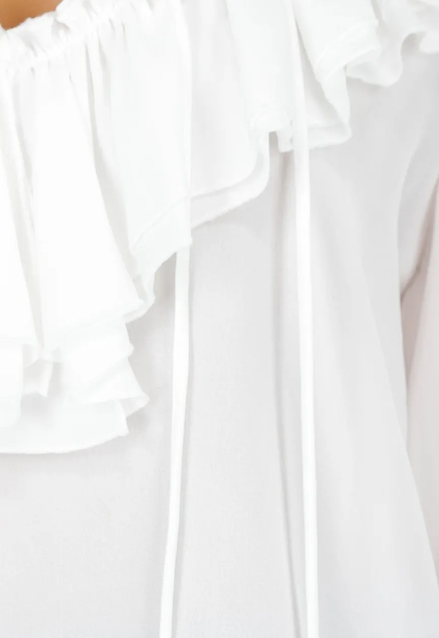 Witte Blouse met Ruches en Vetersluiting bij de Hals
